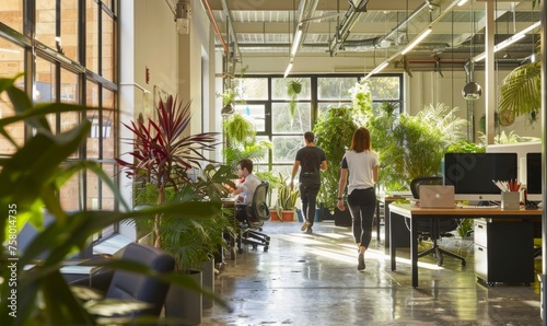 Employees bustle around the green office, demonstrating the startup's commitment to protecting the environment and employee health