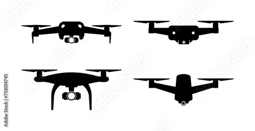 Quadcopter and flying drone icons on white background. Drone quadrocopter with action camera. Photo and video. Vector illustration.