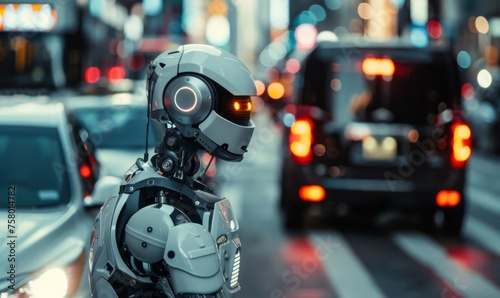 Humanoid robot dressed as a police officer directs traffic in a busy urban area