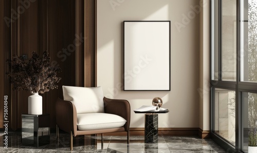 ISO A size poster installed in a modern living room with reflective glass and sophisticated interior design © AlfaSmart