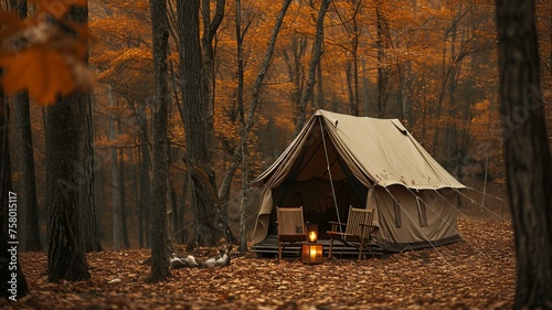 tent in the fall woods with chairs and candle, in the style of light brown and dark beige, modular construction, caninecore, AI Generative photo