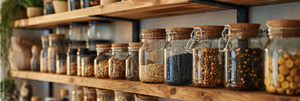 Eco-friendly storage and organization concept for food ingredients. Variety of raw legumes, seeds, herbs in glass jars on wooden kitchen shelves.  Design for healthy lifestyle blog, kitchen interior