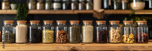Eco-friendly storage and organization concept for food ingredients. Variety of raw legumes, seeds, herbs in glass jars on wooden kitchen shelves. Design for healthy lifestyle blog, kitchen interior
