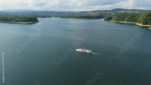 Beautiful Landscape Boat Lake Solina Mountains Bieszczady Aerial View Poland photo