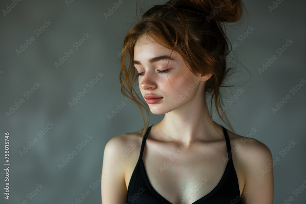A woman with red hair and a black tank top is looking at the camera. She has a red nose and is wearing makeup A woman with red hair and a black tank top is looking at the camera. She has a red nose and is wearing makeup
