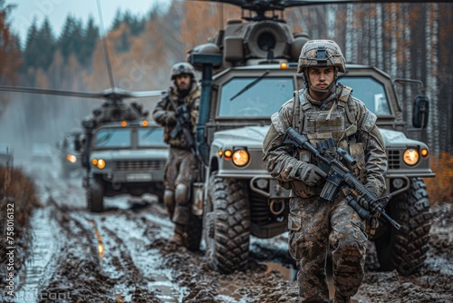 An evocative image portraying a soldier in full tactical gear advancing on a muddy path with armored vehicles in the background