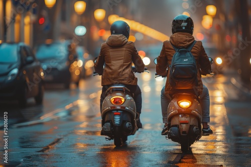 Two scooter riders traverse a city street at night, illuminated by street lamps and a damp road, face unseen