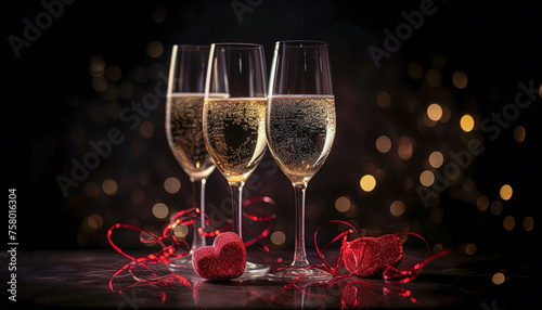 Three champagne glasses with a red ribbon on the table, intimate and cozy atmosphere photo