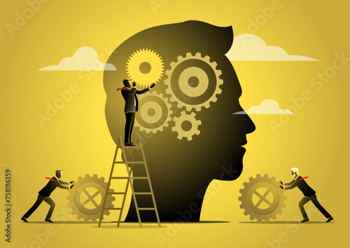 Businessman put gears cogwheel idea connection vector illustration