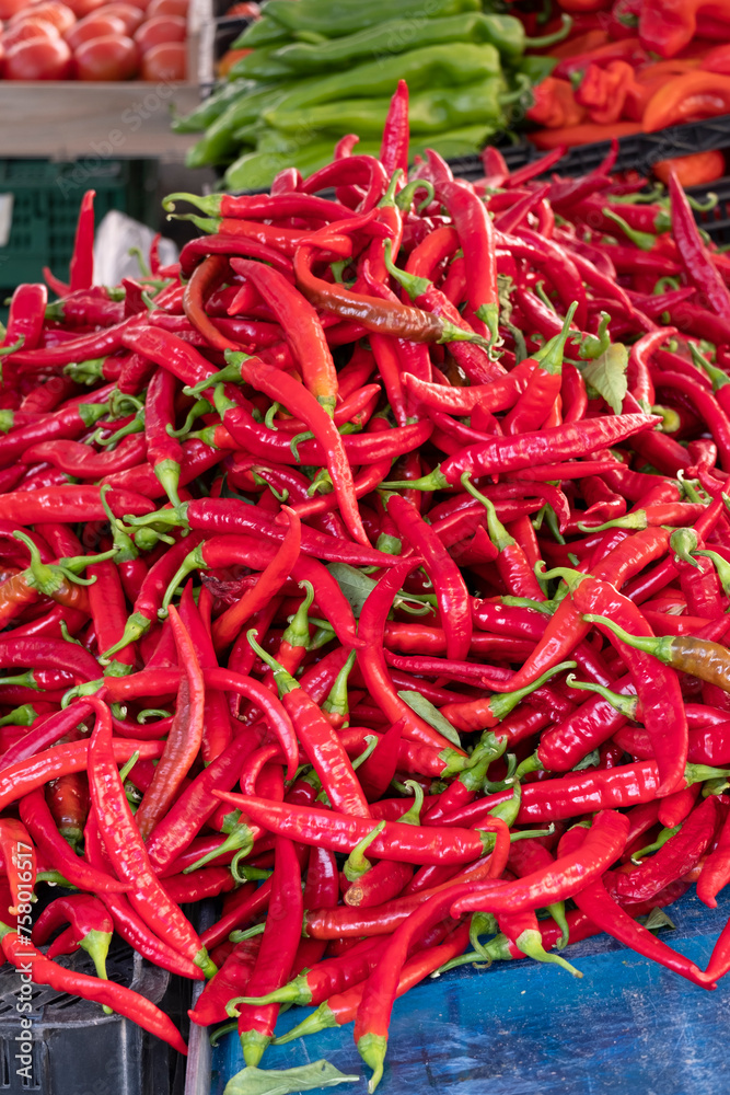 Red hot chilli peppers pattern texture background. Close up. Landscape. A backdrop ofRed hot chilli peppers. Street vegetable market. Group of Red hot chilli peppers