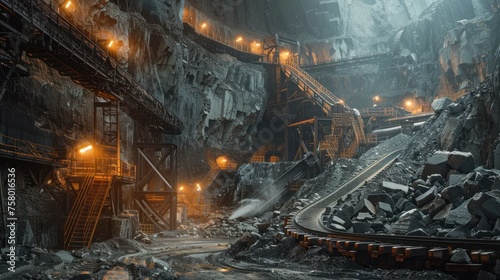 Massive Industrial Quarry Sifting Machine Precisely Sorting Rocks and Minerals in a Dimly Lit Factory Setting