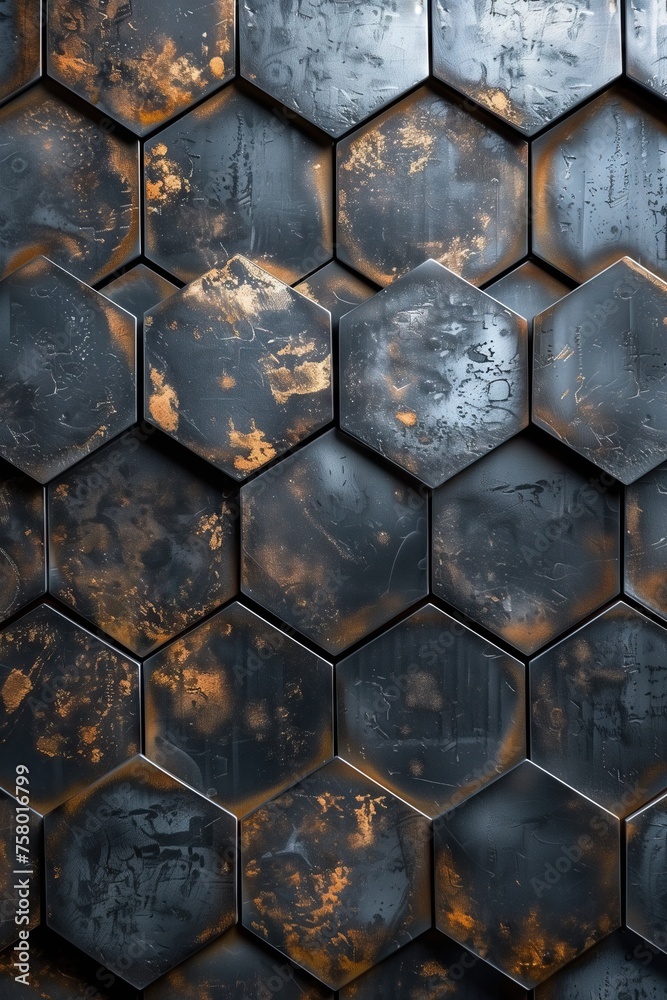Hexagonal abstract metal background with rusty spots. Industrial wallpaper with blue tint.	