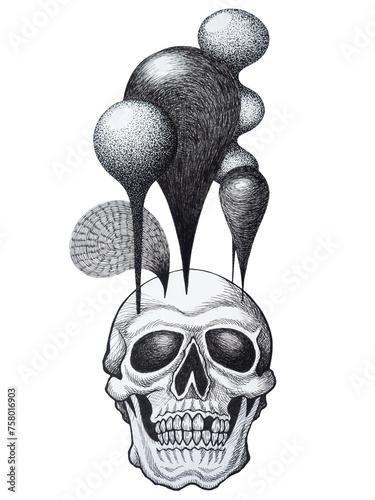 death human dead head skull black white skeleton art design illustration hand drawing sketch tattoo isolated halloween bone horror graphic think balloon mind mental spiritual health vintage background © Benjavisa Ruangvaree