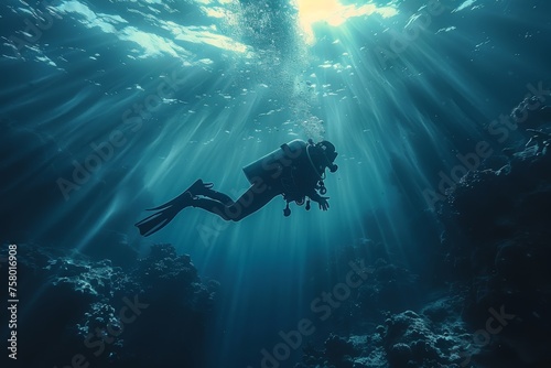 An ethereal underwater capture highlighting a lone scuba diver, beams of sunlight and the vast ocean