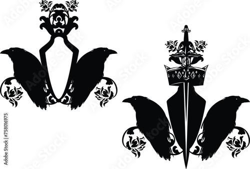 two raven birds with heraldic shield, king crown, knight sword and rose flowers - medieval style fantasy coat of arms vector design set