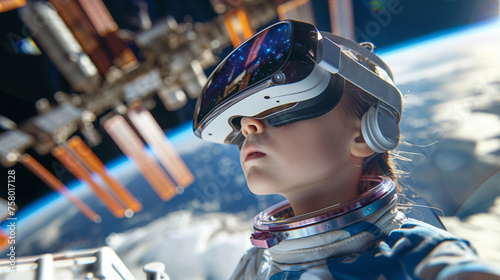 A little boy wearing a virtual reality helmet explores a space station immersed in the virtual world of space