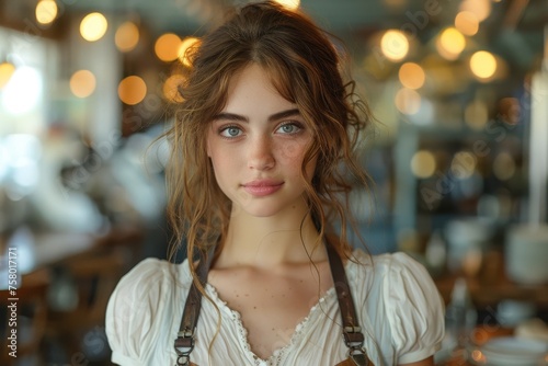 A close-up shot captures a young woman with striking blue eyes and curly hair in a cafe setting with soft lighting