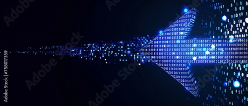 digital arrow pointing left shaped by vibrant blue matrix binary code. with pixelated motifs emerging from behind . 