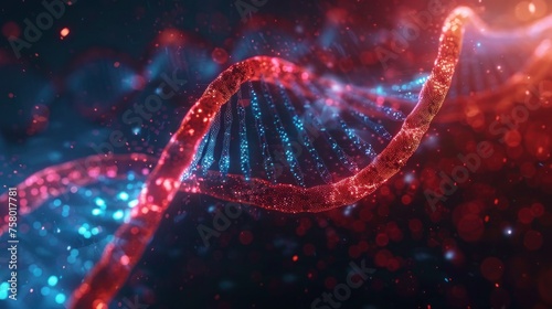 Digital illustration of glowing red and blue DNA double helix on abstract background, Intricate helix structure of DNA with crystalline detail