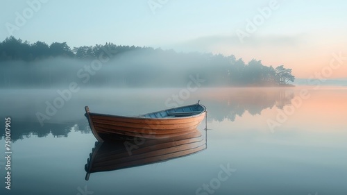 an old wooden fishing boat on a calm lake at dawn, mist rising off the water #758017905