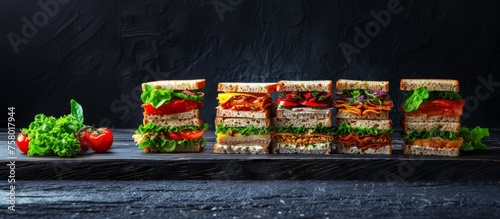 Assorted Gourmet Sandwiches on Dark Background. Variety of thick sandwiches with multiple layers of meats, vegetables, and cheese on a rustic dark wooden background.