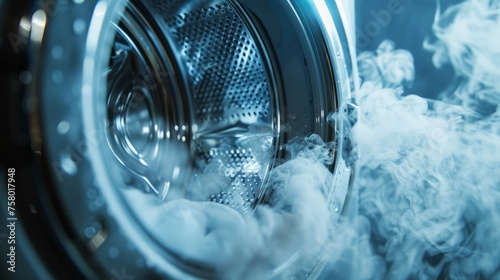Steamy Washing Machine with Swirling Laundry. steam filling the laundry room as clothes transition from the spin cycle to the dryer