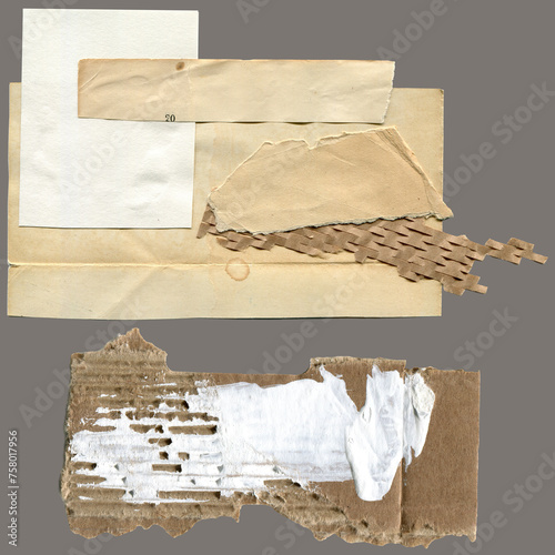 Torn paper pieces set of two pieces. Brown shapes with jagged uneven edges. Ripped different paper fragments collection. Textured grunge element bundle for collage, text box, banner, sticker, poster.