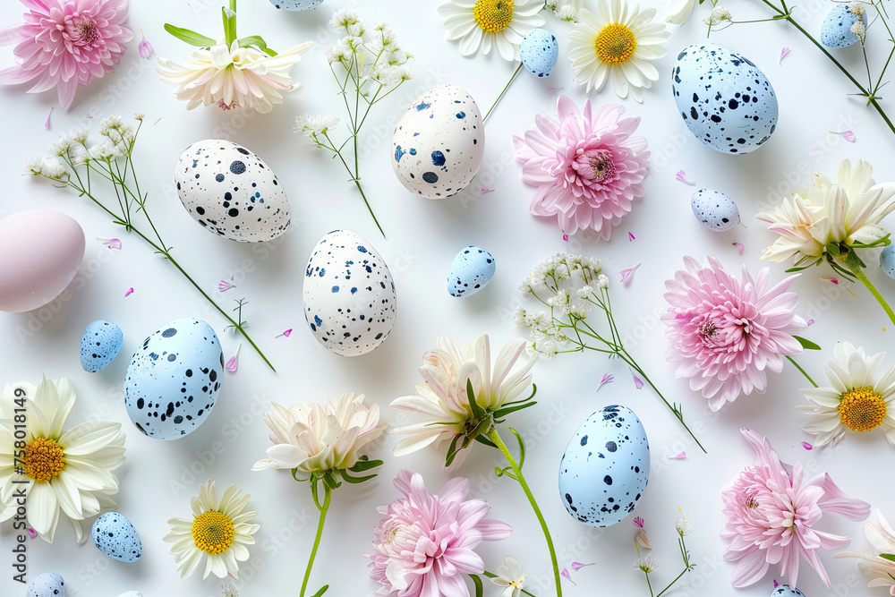 top view easter eggs and pastel flowers isolated on white background top view easter eggs and pastel flowers isolated on white background