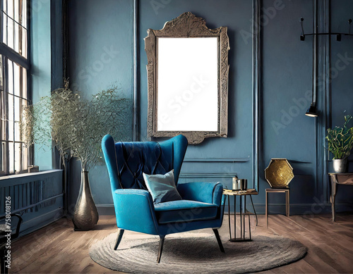Uma sala aconchegante, com uma janela grande lateral, decorada em azul com poltrona e um quadro em branco na parede. photo