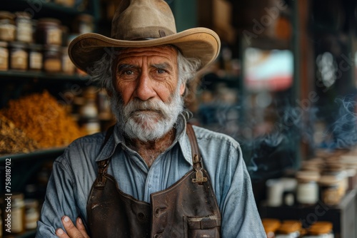 Rugged elderly man with a wise gaze stands confidently in an apothecary full of spices, suggesting a life of craftsmanship