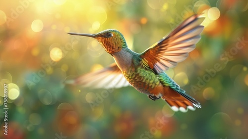hummingbird in flight, vibrant colors with a focus on feather detail