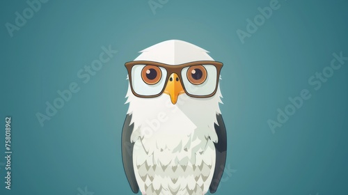 Illustration in flat style  A cute little eagle wearing glasses posed against a studio background