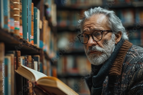 An elderly individual deeply engrossed in reading a book in a library, surrounded by endless shelves of literature photo