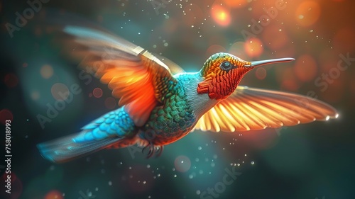 hummingbird in flight, vibrant colors with a focus on feather detail © Putra