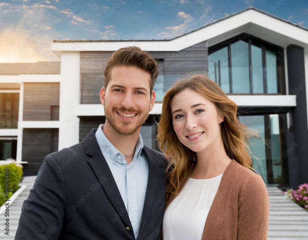 Happy young couple front of new home Happy young couple front of new home