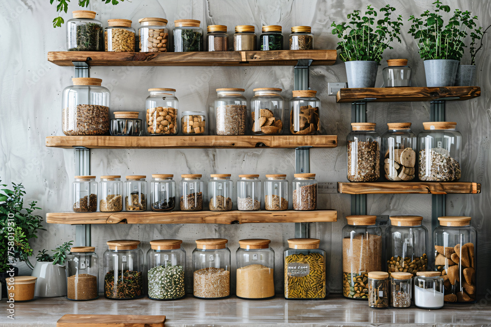 Zero waste storage and organization concept for food ingredients. Variety of raw legumes, seeds, and herbs in glass jars on wooden kitchen shelves.  Design for healthy lifestyle blog, eco-friendly kit