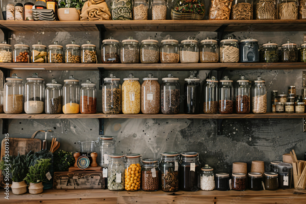 Zero waste storage and organization concept for food ingredients. Variety of raw legumes, seeds, and herbs in glass jars on wooden kitchen shelves.  Design for healthy lifestyle blog, eco-friendly kit