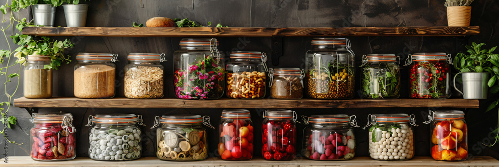 Zero waste storage and organization concept for food ingredients. Variety of raw legumes, seeds, and herbs in glass jars on wooden kitchen shelves.  Design for healthy lifestyle blog, eco-friendly kit