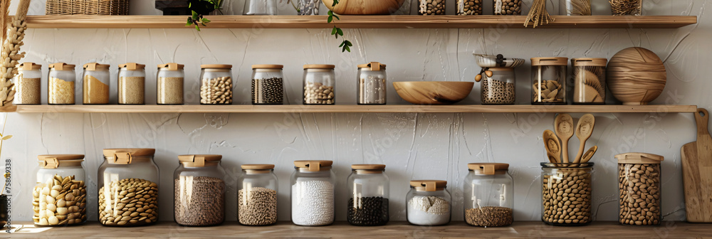 Zero waste storage and organization concept for food ingredients. Variety of raw legumes, seeds, and herbs in glass jars on wooden kitchen shelves.  Design for healthy lifestyle blog, eco-friendly kit