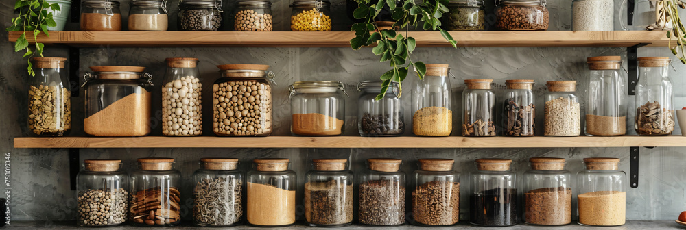 Zero waste storage and organization concept for food ingredients. Variety of raw legumes, seeds, and herbs in glass jars on wooden kitchen shelves. Design for healthy lifestyle blog, eco-friendly kit Zero waste storage and organization concept for food ingredients. Variety of raw legumes, seeds, and herbs in glass jars on wooden kitchen shelves. Design for healthy lifestyle blog, eco-friendly kit
