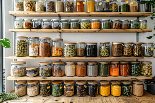 Zero waste storage and organization concept for food ingredients. Variety of raw legumes, seeds, and herbs in glass jars on wooden kitchen shelves. Design for healthy lifestyle blog, eco-friendly kit