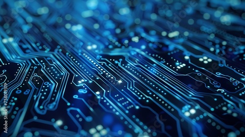 Blue glowing electronic circuit board. 3D rendering.