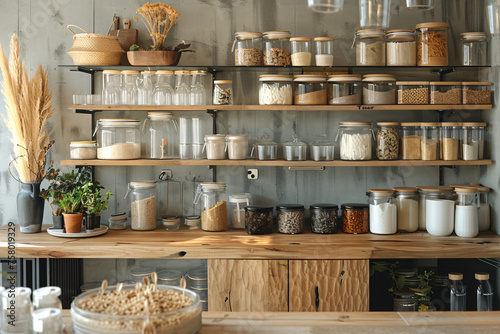 Zero waste storage and organization concept for food ingredients. Variety of raw legumes, seeds, and herbs in glass jars on wooden kitchen shelves. Design for healthy lifestyle blog, eco-friendly kit