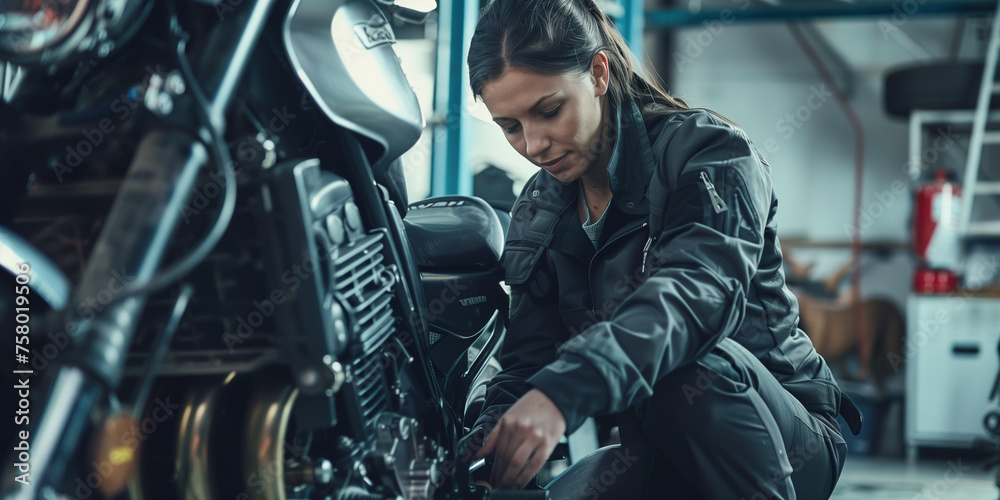 Zweiradmechatronikerin repariert ein Motorrad in der Werkstatt Zweiradmechatronikerin repariert ein Motorrad in der Werkstatt