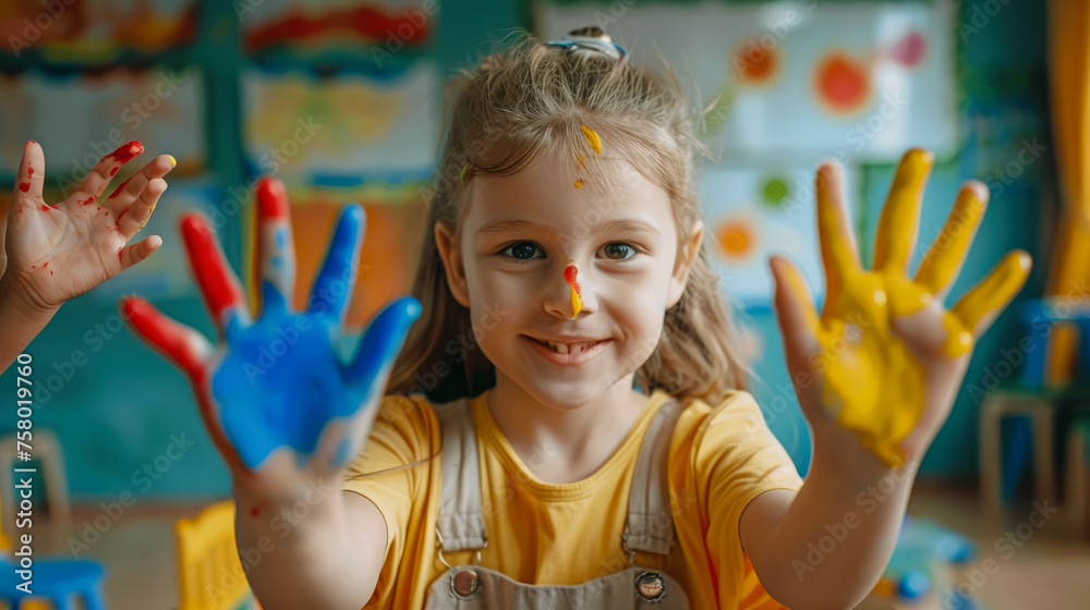 joyful children in kindergarten show palms in paint, hands, little kids, green background, bright colors, space for text, drawing, art, color, red, blue, schoolchildren, playground, Montessori - obrazy, fototapety, plakaty 