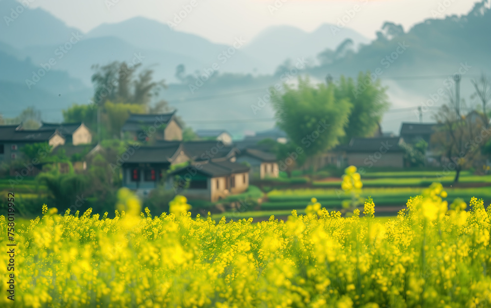Scenery of rapeseed fields in Wuyuan, Jiangxi Province, China,created with Generative AI tecnology.