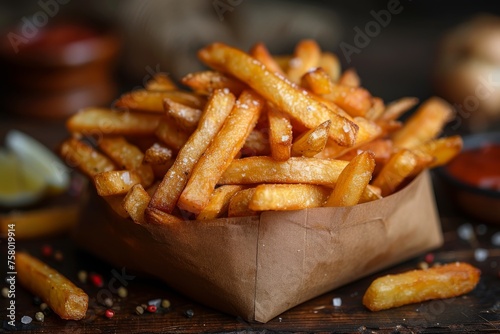 Close-up of appetizing French fries seasoned with salt, pepper served in a paper cone, ideal for fast food advertising