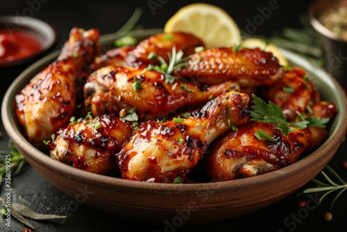 Sticky barbecue glazed chicken wings on a plate garnished with sesame and parsley, perfect for food blogs