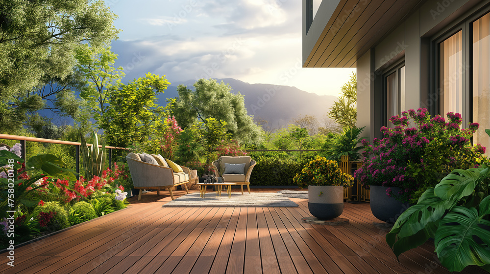 Balcony with terrace and wooden deck. 3d rendering