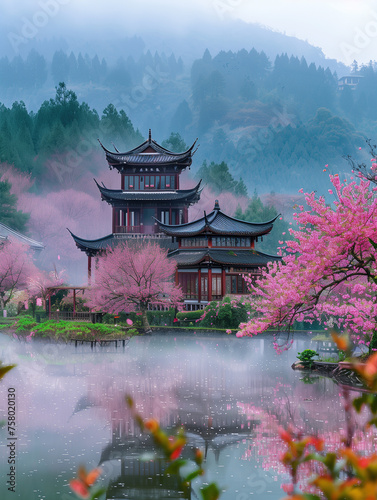 Scenery of ten thousand acres of cherry blossom garden in Pingba, Guizhou Province, China,created with Generative AI tecnology.